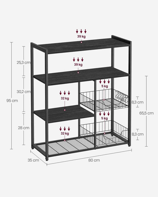 Keukenrek - Keukenkast - Opbergkast - 4 niveaus - Metalen frame - Houten planken - Zwart