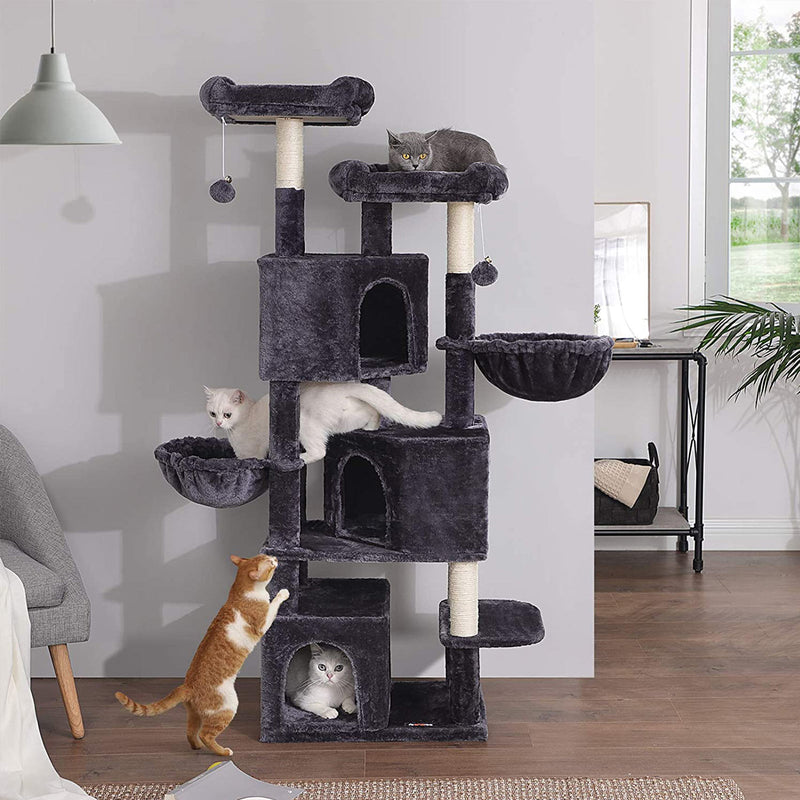 Scratching Post - avec 3 grottes de chat - 2 paniers suspendus - Grand - gris foncé