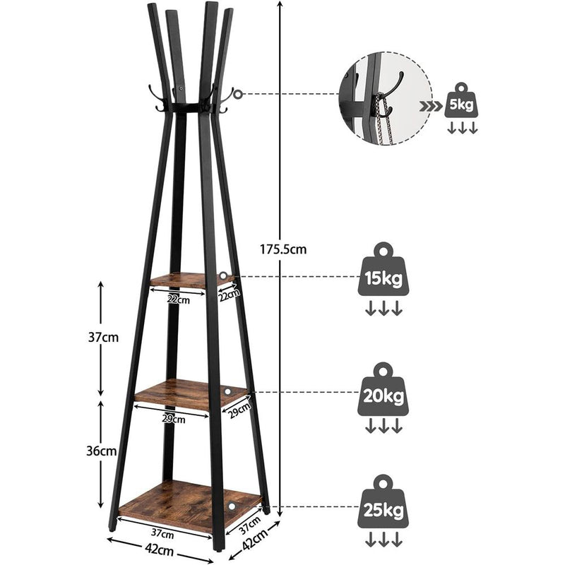 Kapstok - Met 3 planken - Gaderobe standaard -  Industrieel ontwerp - Bruin zwart