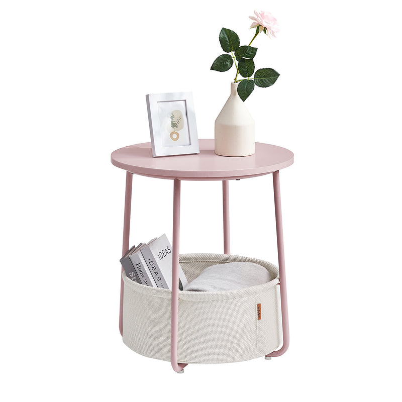 Table d'appoint ronde - avec panier de tissu - cadre en métal - rose