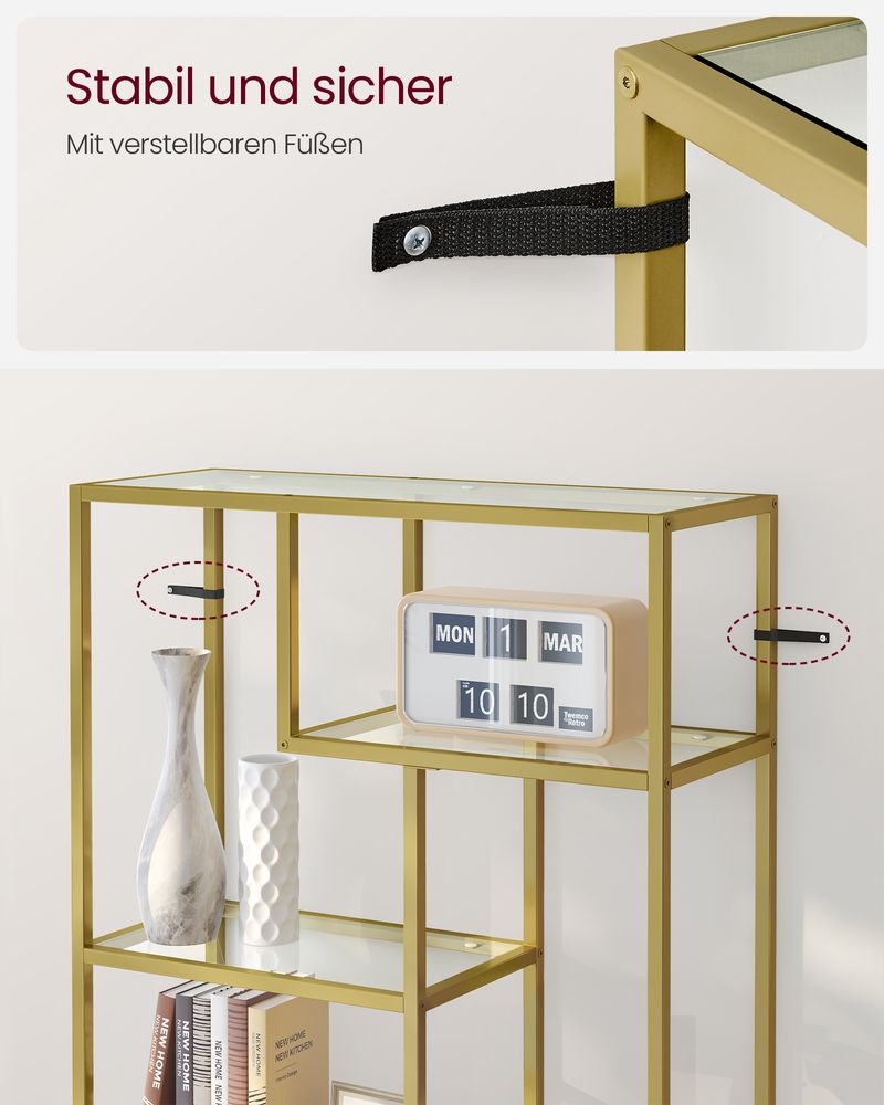 Boekenkast - Opbergkast - Met 6 planken - Metalen frame - Glazen Niveaus - Goud