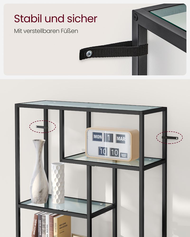 Boekenkast - Opbergkast - Met 6 planken - Metalen frame - Glazen Niveaus - Zwart