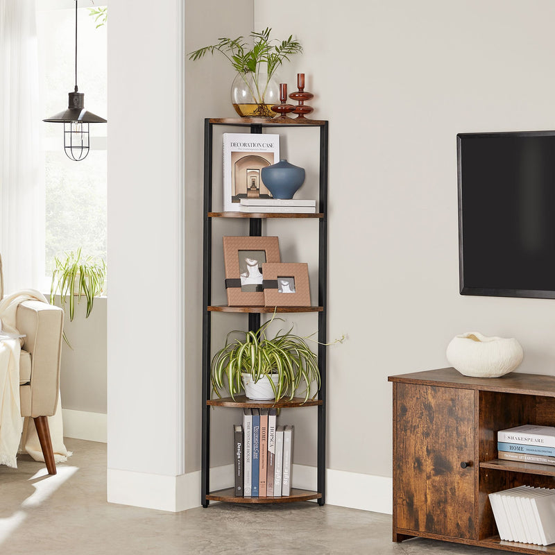 Armoire d'angle - Bibliothèque - Rack industriel - Corner - avec 5 étagères - Bois et métal - marron