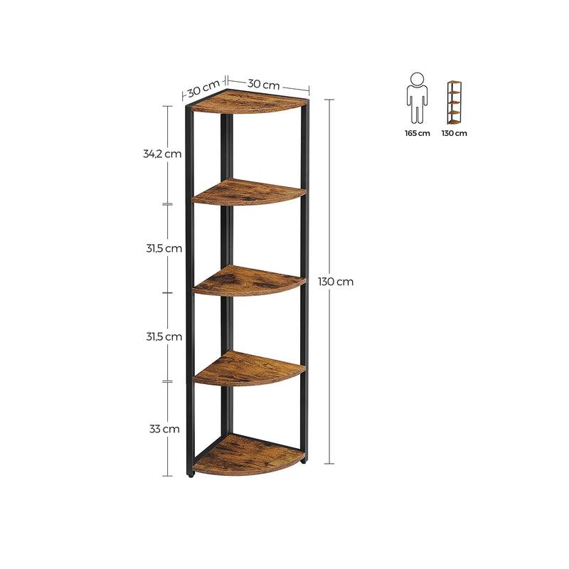 Dulap de colț - Bibliotecă - Industrial - Rack de colț - cu 5 rafturi - Lemn și metal - maro