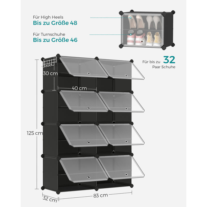 Skoskab - sko rack - med 8 rum - Discels døre - sort