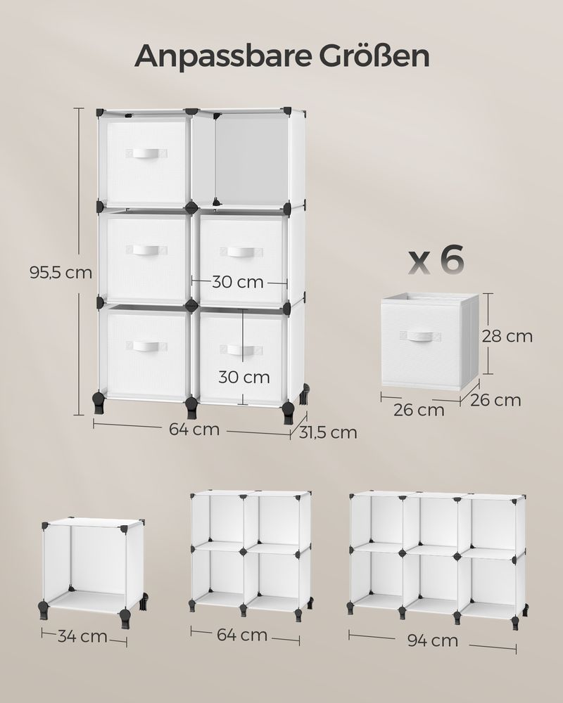 Cube kabinet - opbevaringsskab - med 6 rum og 6 kasser - let at samle - hvidt