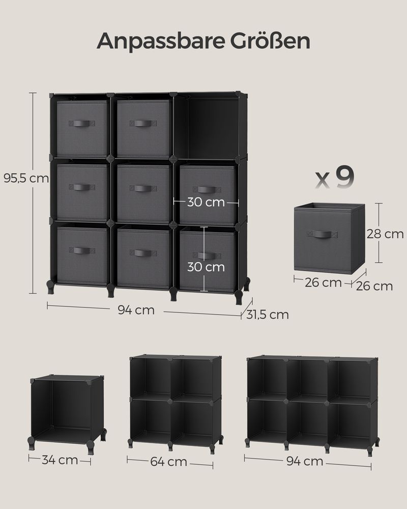 Cube Cabinet - Opbevaringsskab - med 9 rum og 9 kasser - let at samle - sort