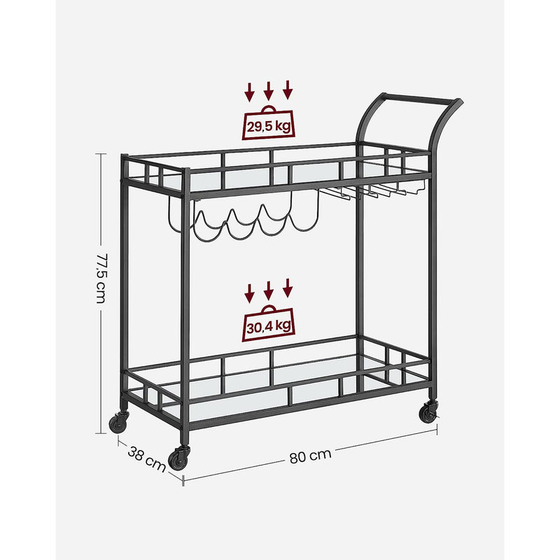 Chariot de service - Rack de cuisine - avec 2 planches en verre en miroir - noir