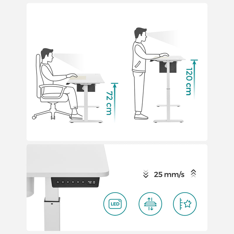 Sit Stand Birou - Tabel calculat - Reglabil în înălțime - cu roți - 120 cm x 60 cm - alb