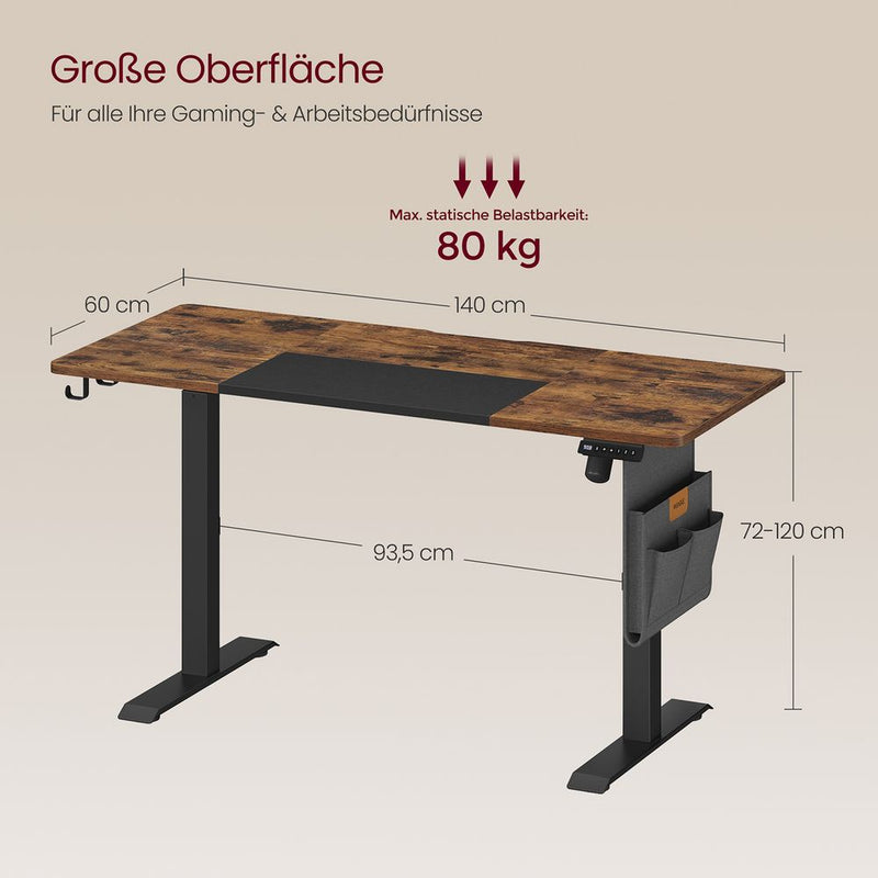 Bureau - Elektrisch bureau - In hoogte verstelbaar - Met wielen - 60x140cm - Bruin