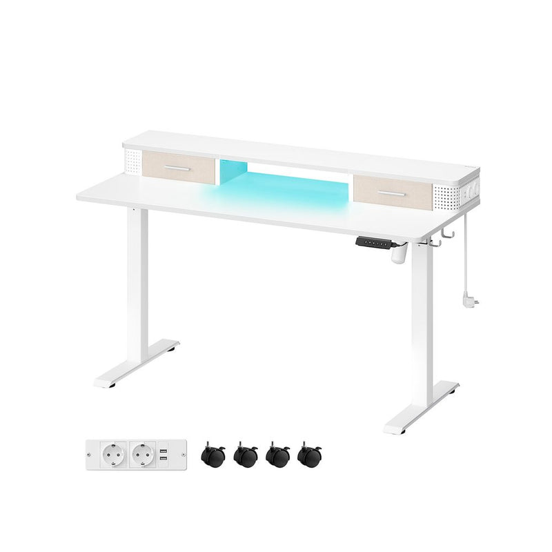 Desk - Elektrisk skrivebord - Højdejusterbar - med stikkontakt og 2 skuffer - 60x140 cm - Hvid