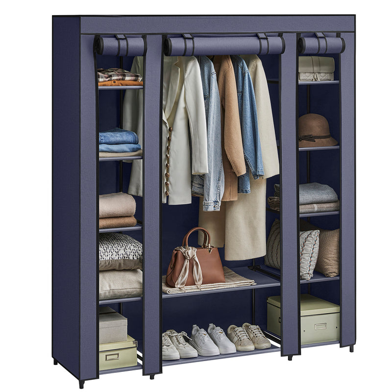 Armoire - armoire pliable - avec canne de vêtements - cadre métallique - extérieur en tissu - bleu