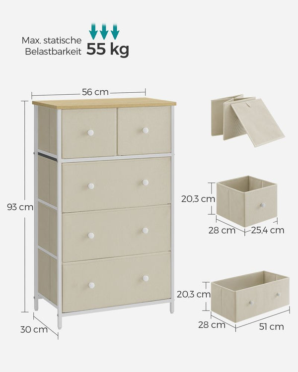 Laatikoiden rinta - makuuhuonekaappi - kangaslaatikot - 5 laatikkoa - metallirunko - kerma