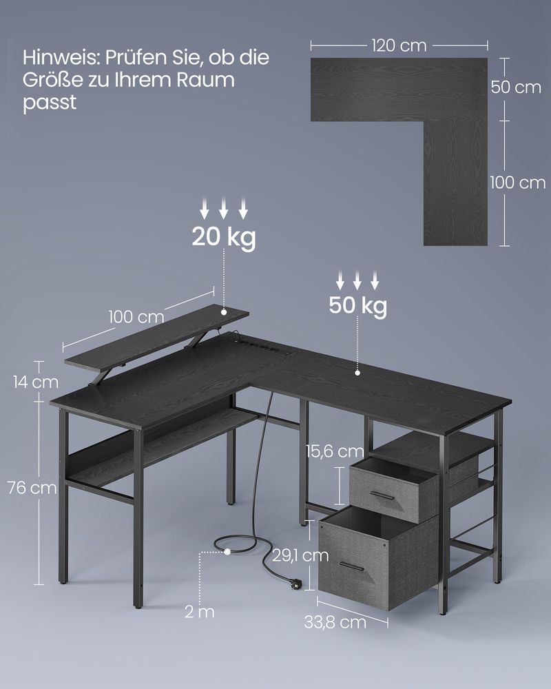 Bureau - Hoekbureau - L -formet - med stikkontakt og skuffer - sort