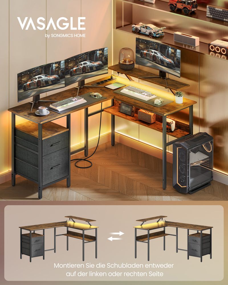 Bureau - Hoekbureau - L Shaped - pistorasialla ja lipastoilla - ruskea