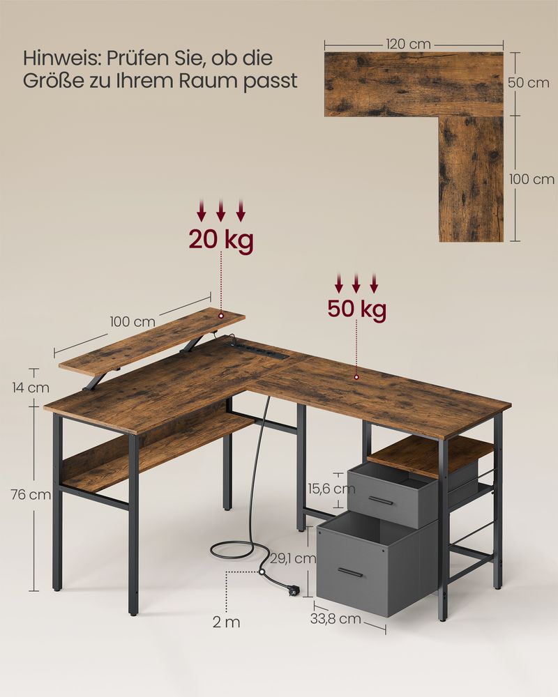 Bureau - Hoekbureau - L -formet - med stikkontakt og skuffer - Brun