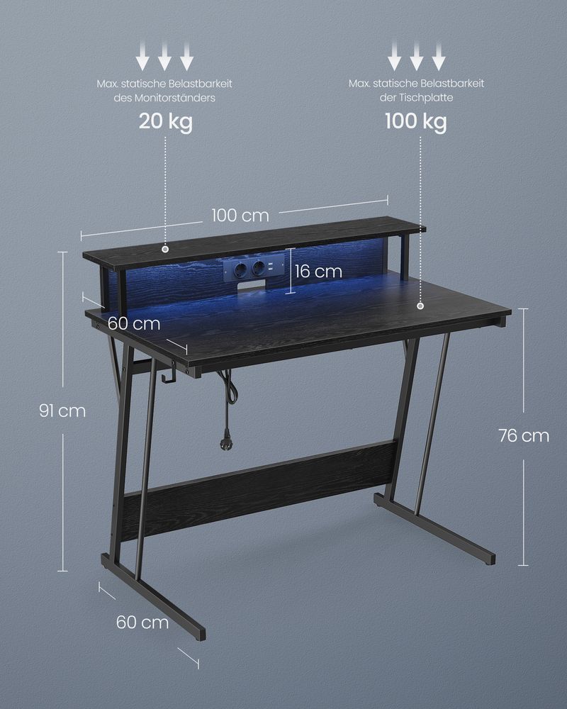 Pelipöytä - LED -valaistuksella ja pistorasialla - nostettu hylly - 60x100x76 cm - musta