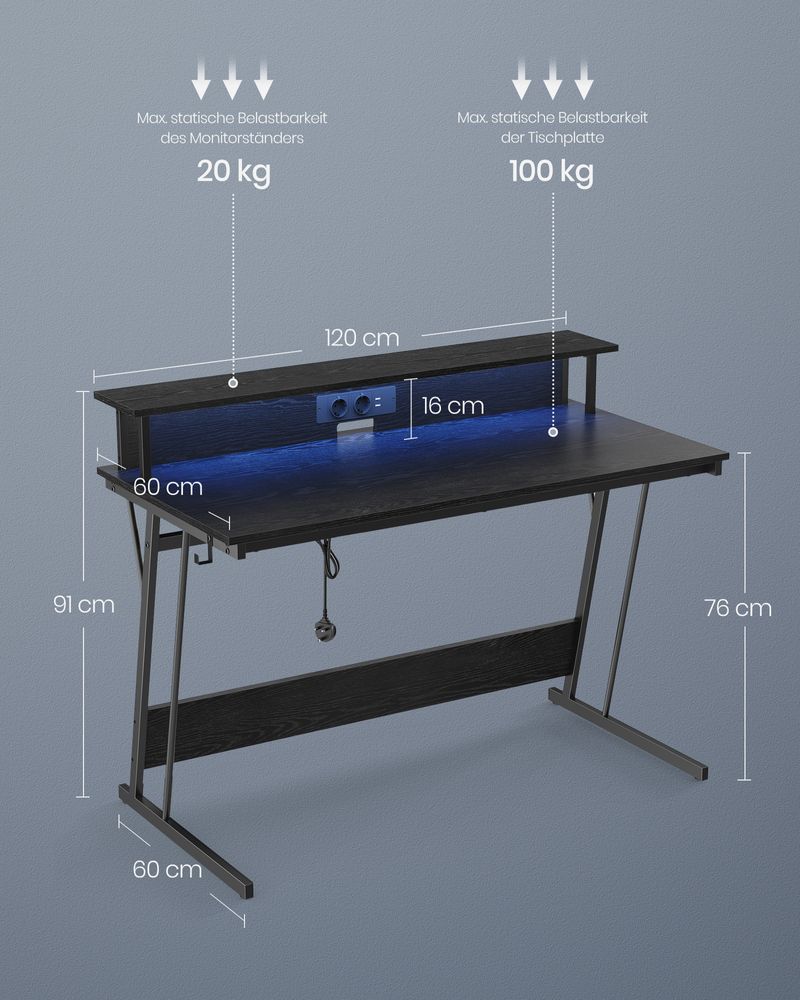 Gaming desk - med LED -belysning og stikkontakt - hævet hylde - 60x120x76 cm - sort