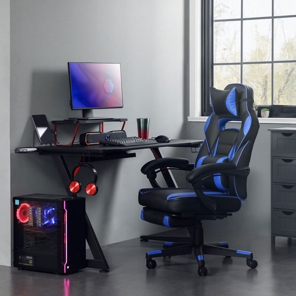 Gamingstoel - Bureaustoel - kunstleer - Met Voetensteun en rugkussen - zwart Blauw