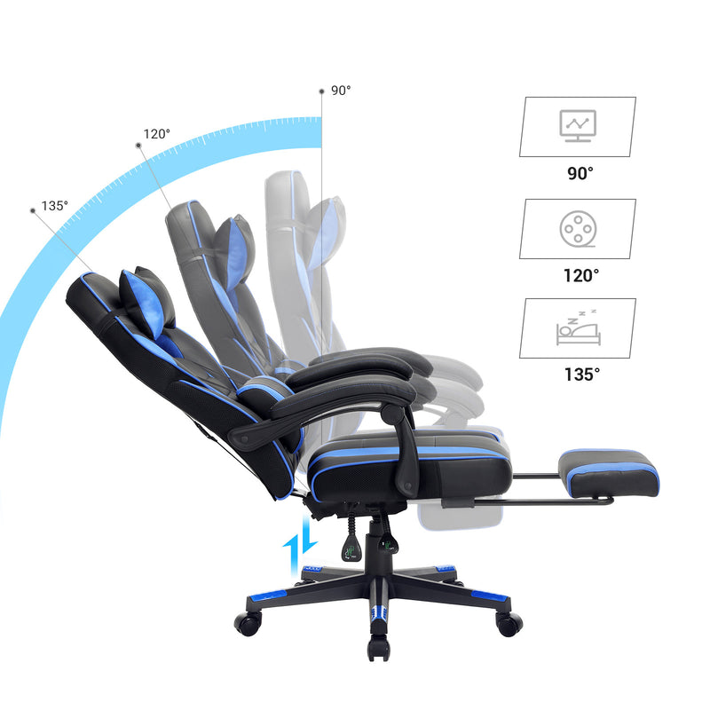 Spelstol - Office Chair - Artificiellt läder - med fotstöd och ryggkudde - Svartblå