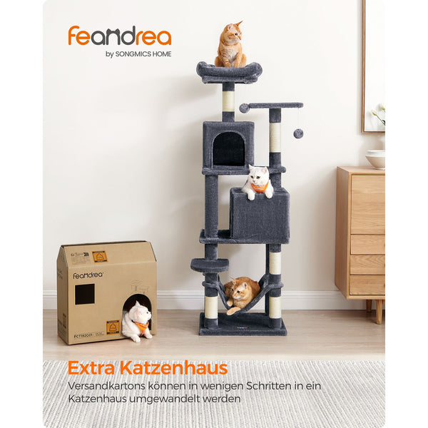 Cat Tree - Scratching Post - med hängmatta och 2 grottor - mörkgrå