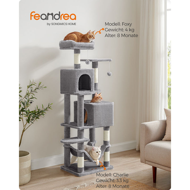 Cat Tree - Scratching Post - Med hængekøje og 2 huler - Grå