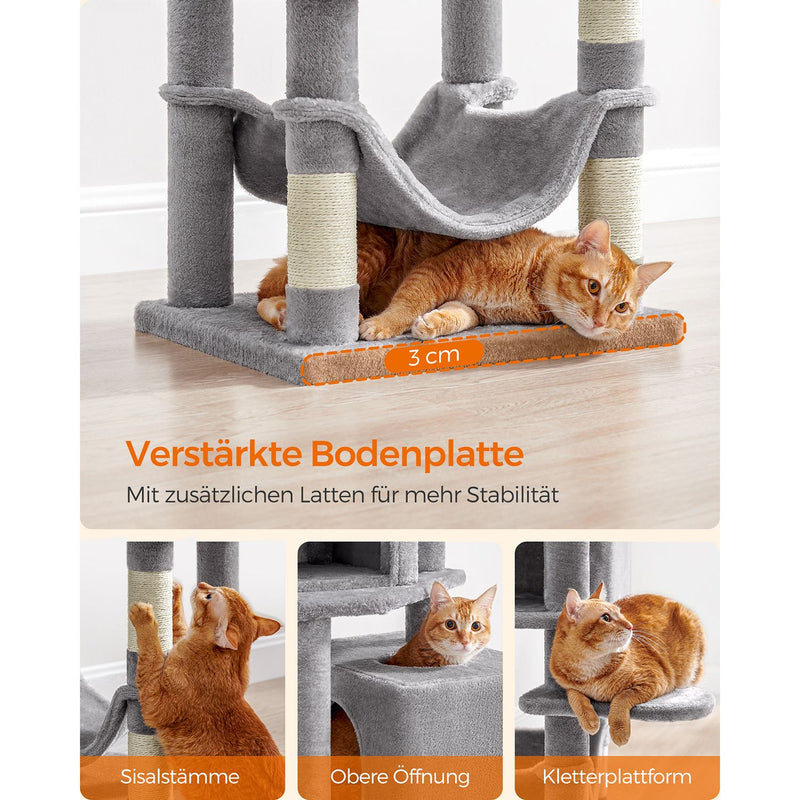 Cat Tree - Scratching Post - Med hængekøje og 2 huler - Grå