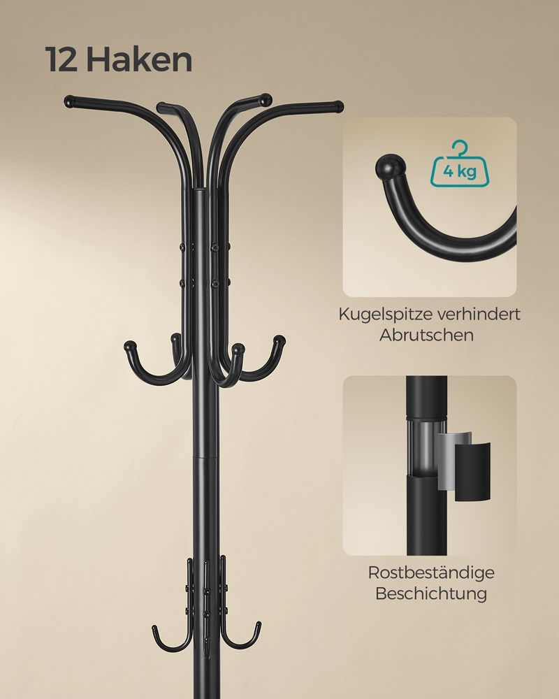 Frakkeholder - tøjstativ - med paraply og 12 kroge - metal - sort