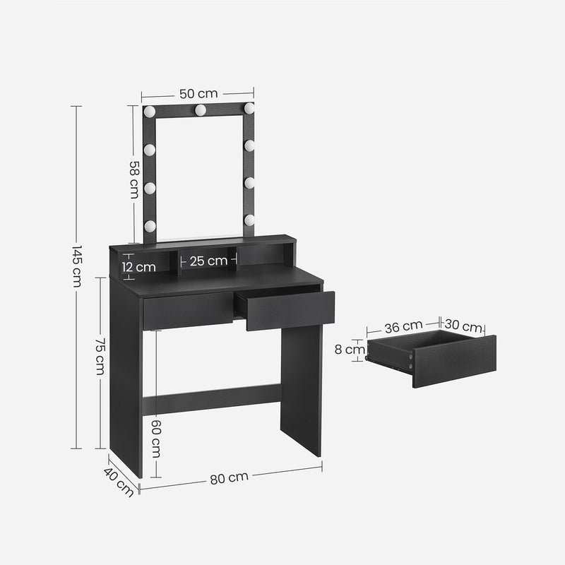 Dressing Table - Make -up Tabel - 2 sertare mari - cu oglindă și iluminat - negru