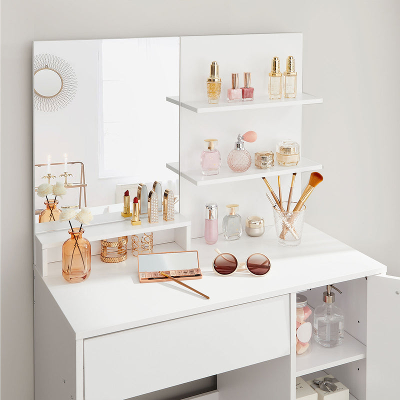 Table de coiffeuse - Tableau de fabrication - 1 grand tiroir - avec miroir et éclairage - 2 étagères - blanc