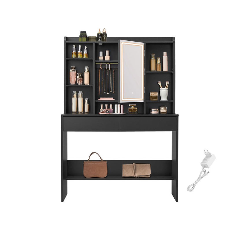 Dressing Table - Make -Up Table - Med LED -belysning og spejl - 2 skuffer - lavet af træ - sort