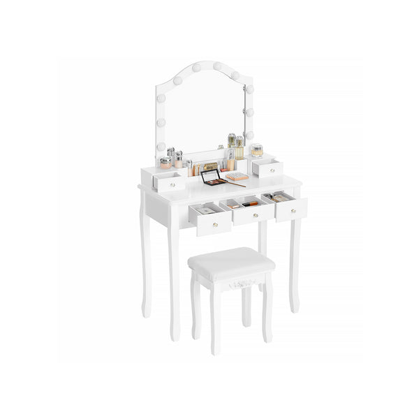 Dressing Table - Makeup Table - 2 sertare mari - cu oglindă și iluminare - cu scaun - alb