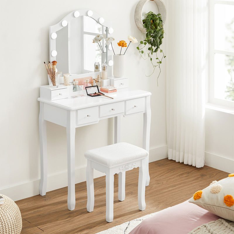 Table de coiffeuse - Tableau de maquillage - 2 grands tiroirs - avec miroir et éclairage - avec tabouret - blanc