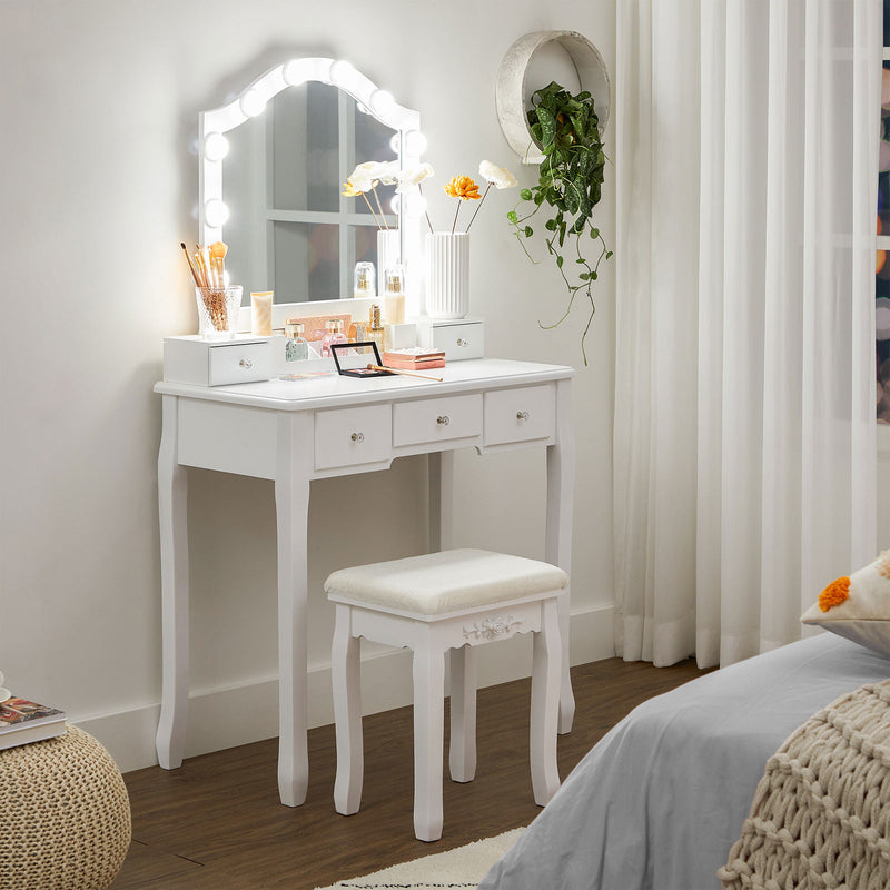 Table de coiffeuse - Tableau de maquillage - 2 grands tiroirs - avec miroir et éclairage - avec tabouret - blanc