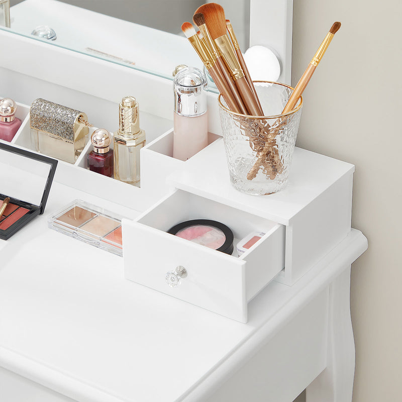 Table de coiffeuse - Tableau de maquillage - 2 grands tiroirs - avec miroir et éclairage - avec tabouret - blanc