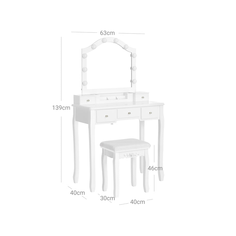 Table de coiffeuse - Tableau de maquillage - 2 grands tiroirs - avec miroir et éclairage - avec tabouret - blanc