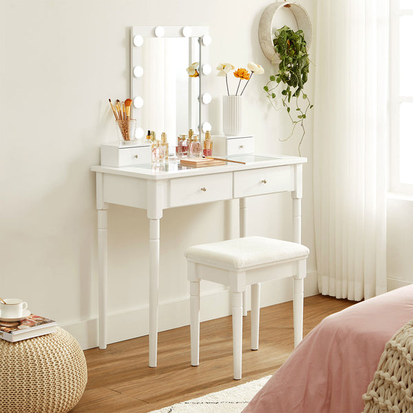 Table de coiffeuse - Tableau de maquillage - 2 grands tiroirs - avec miroir et éclairage - avec tabouret - blanc