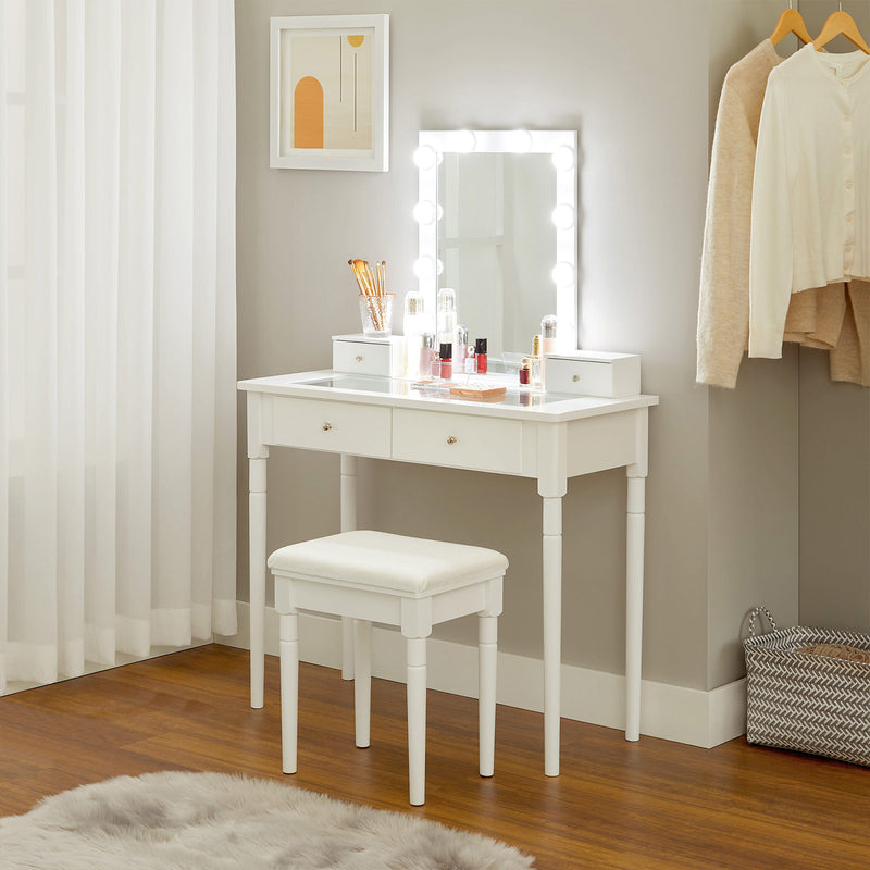 Table de coiffeuse - Tableau de maquillage - 2 grands tiroirs - avec miroir et éclairage - avec tabouret - blanc