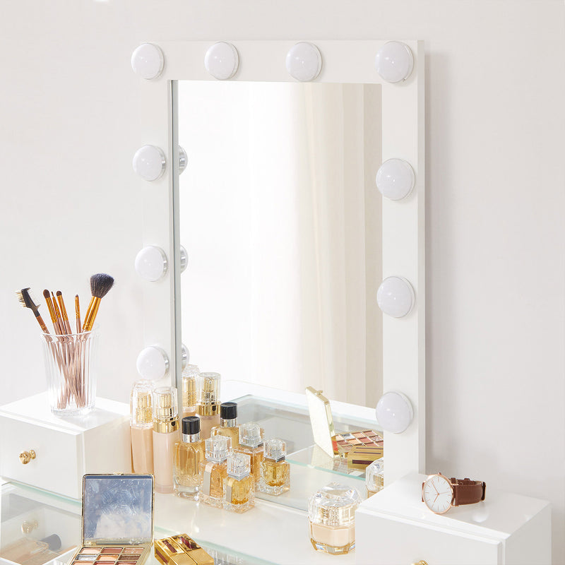 Table de coiffeuse - Tableau de maquillage - 2 grands tiroirs - avec miroir et éclairage - avec tabouret - blanc