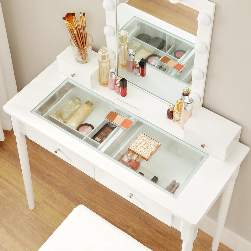 Table de coiffeuse - Tableau de maquillage - 2 grands tiroirs - avec miroir et éclairage - avec tabouret - blanc