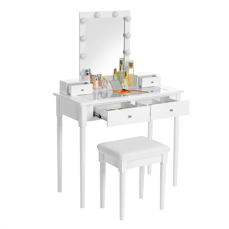 Kaptafel - Make-up tafel - 2 grote lades - Met spiegel en verlichting - Met kruk - Wit