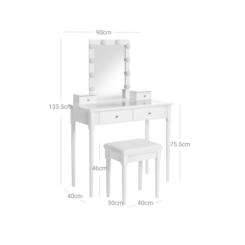 Table de coiffeuse - Tableau de maquillage - 2 grands tiroirs - avec miroir et éclairage - avec tabouret - blanc