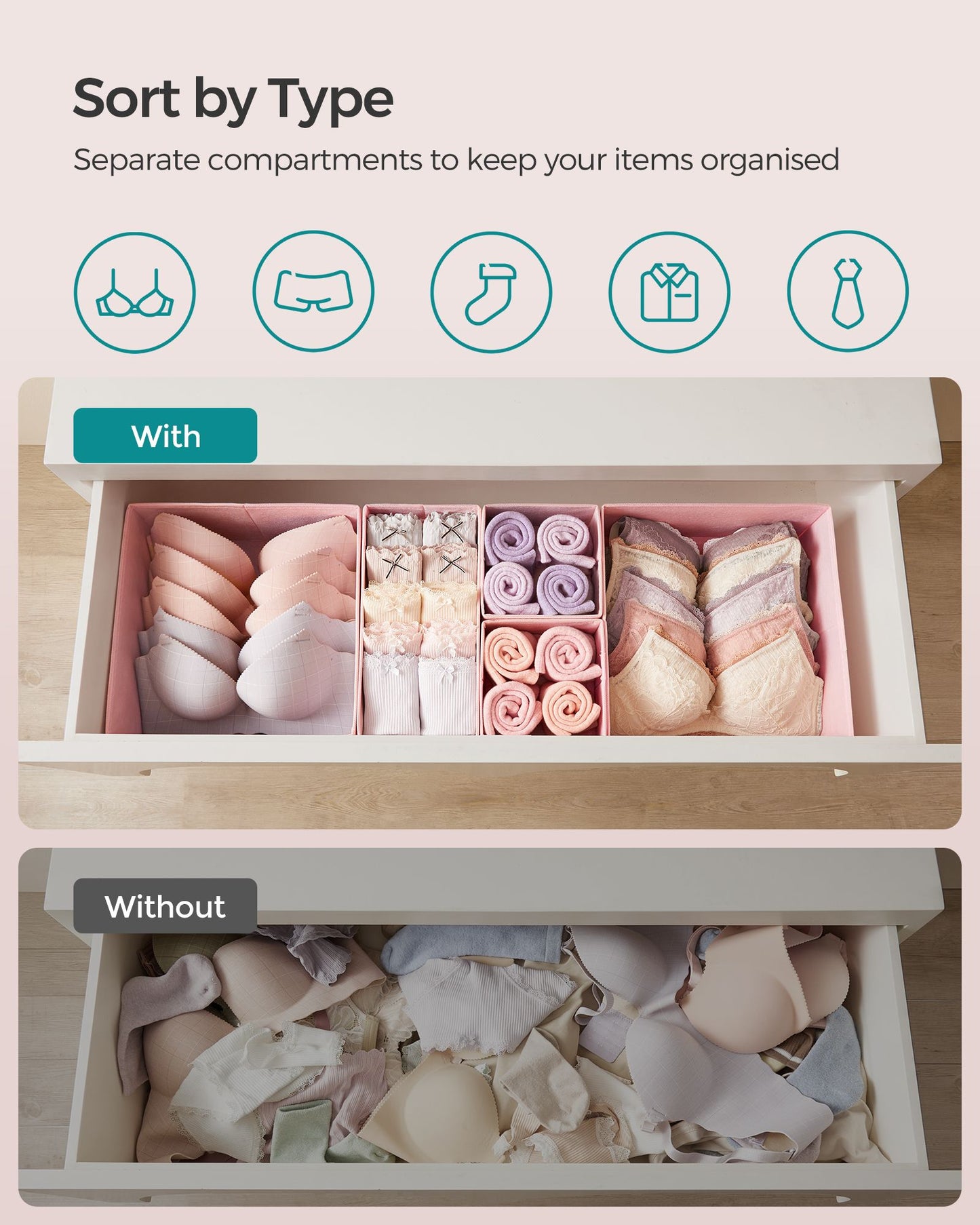 Set of 12 Foldable Fabric Drawer Organisers – Non-Woven Fabric – Jelly Pink – Versatile Storage for Socks, Underwear, Scarves, Ties