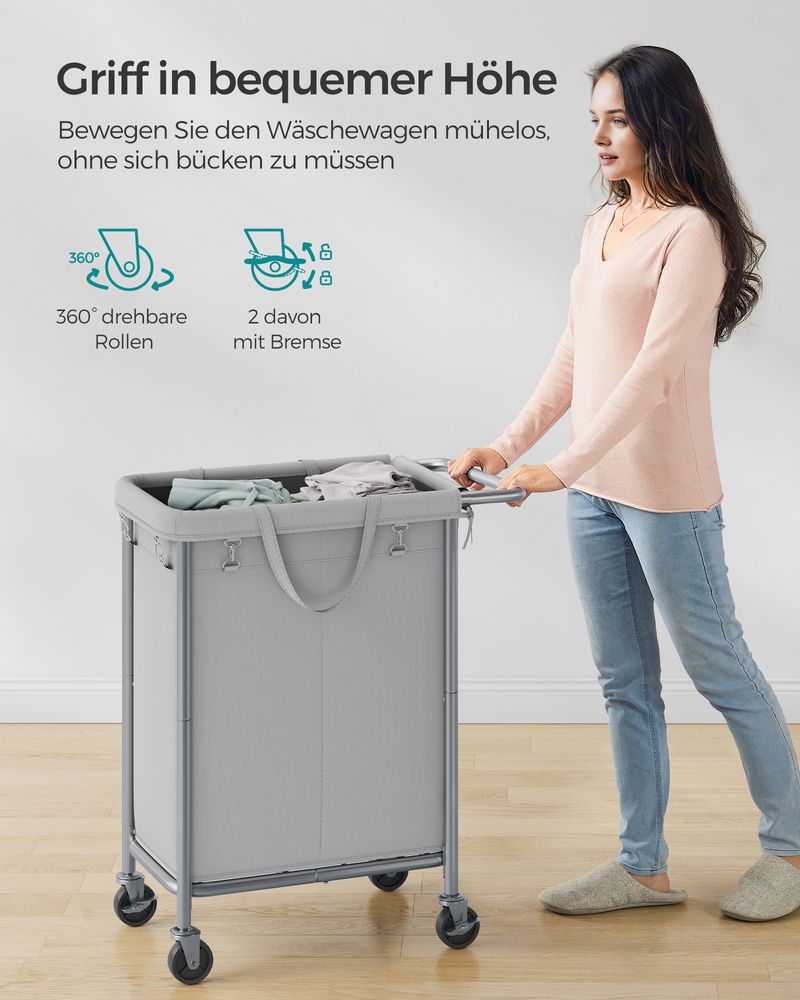 Wasmand - Met 2 vakken - 140 liter - Met handvat en wielen - Grijs