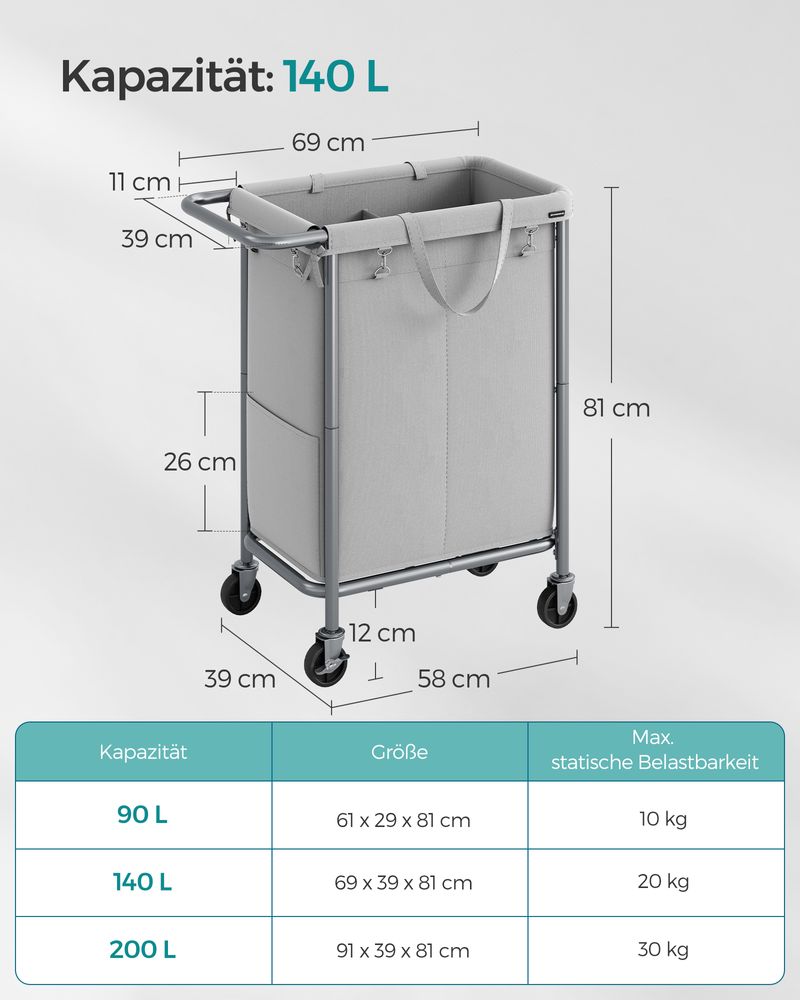 Vaskeri kurv - med 2 rum - 140 liter - med håndtag og hjul - grå