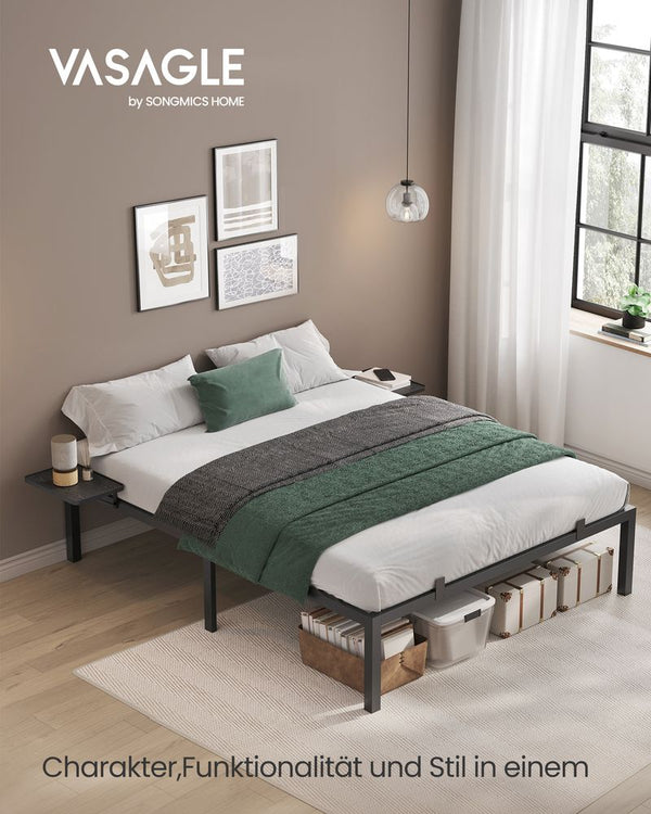 Bed - Tweepersoonsbed - Met opbergplanken - 140 x 190 cm - Metalen frame - Zwart