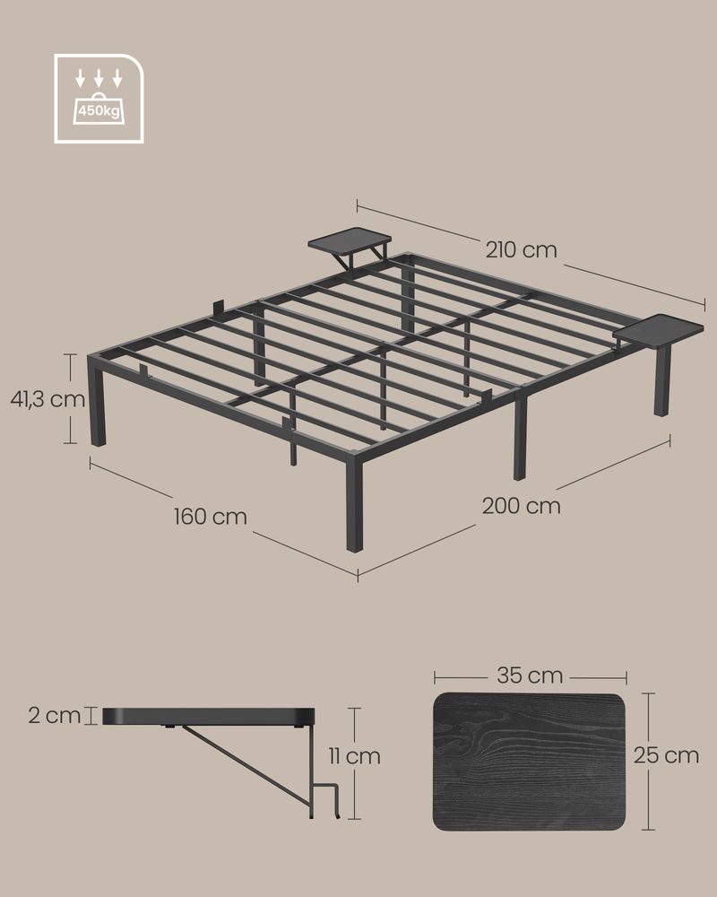 Bed - Tweepersoonsbed - Met opbergplanken - 140 x 190 cm - Metalen frame - Zwart