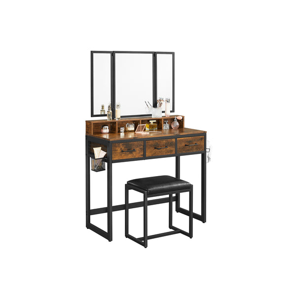Make -UP -pöytä - Pöytäpöytä - Kosmeettinen pöytä - 3 laatikkoa - peilillä ja jakkaralla - ruskea musta