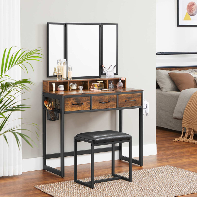 Make -up Table - Dressing Table - Tabel cosmetic - 3 sertare - cu oglindă și scaun - negru maro