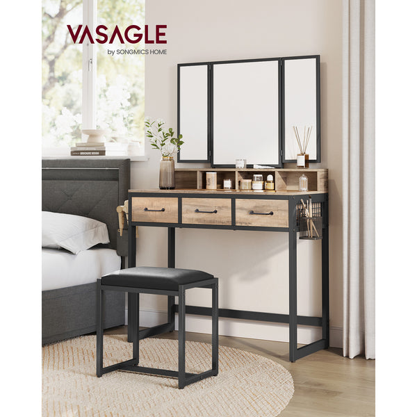 Make -up Table - Dressing Table - Tabel cosmetic - 3 sertare - cu oglindă și scaun - negru maro